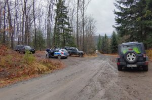 pojazd straży leśnej policji oraz dwa pojazdy  terenowe