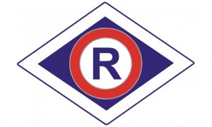 Logo Wydziału Ruchu Drogowego w postaci niebieskiego rombu na białym tle z dużą literą R w czerwonym kole.