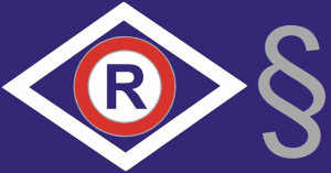 Logo piątkowego przepisu drogowego w postaci białego rombu z czerwonym kołem i literą r na niebieskim tle wraz z znaczkiem paragrafu