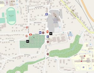 mapa ulic w suchej beskidzkiej na której wskazane ulicę oraz znaki drogowe dotyczące zmiany organizacji ruchu w rejonie cmentarza