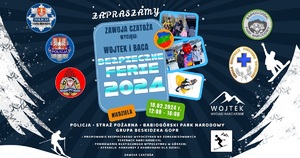 plakat wydarzenia bezpieczne ferie na którym podany jest termin oraz loga służb biorących udział w wydarzeniu oraz zdjęcia mundurowych , dzieci z maskotką suskich policjantów