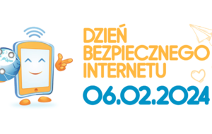 grafika przedstawiająca rysunkowy telefon  i napis dzień bezpiecznego Internetu 06.02.2024