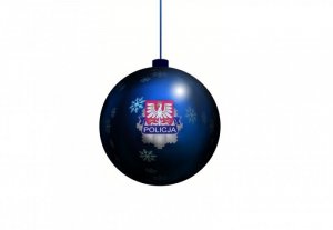 Zdjęcie przedstawiające niebieską bombkę świąteczną z logo Województwa Małopolskiego na białym tle