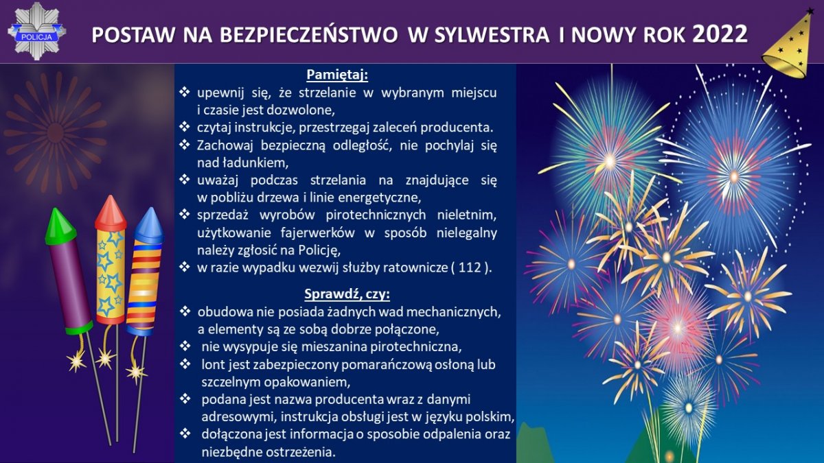 o czym należy pamiętać używając wyrobów pirotechnicznych - treści przedstawione na grafice zawarte są w komunikacie