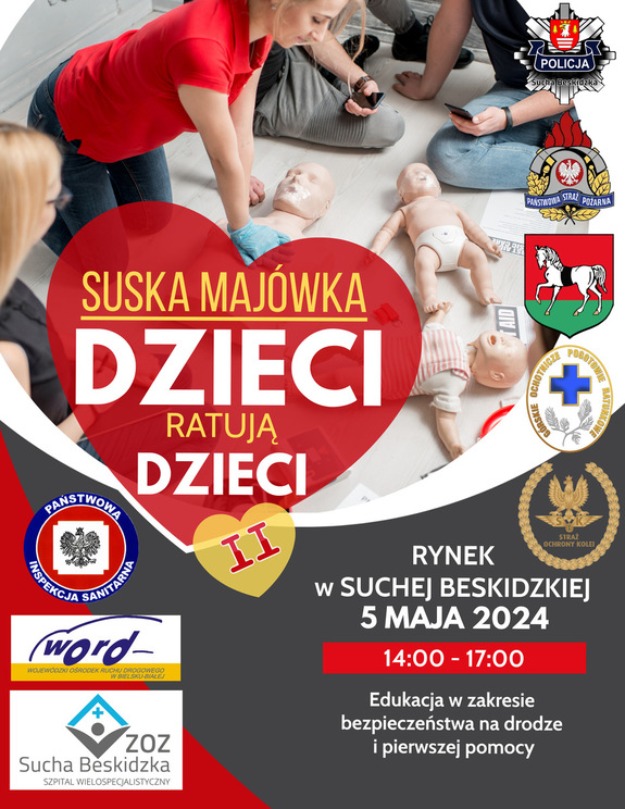 Plakat wydarzenia suskiej majówki z logami służb oraz urzędu miasta w Suchej Beskidzkiej