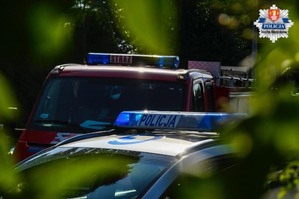 zdjęcie kogutów na radiowozie i samochodzie straży pożarnej w lesie