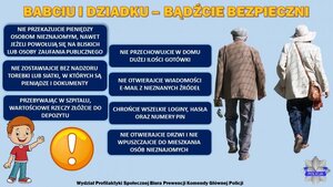 Zdjęcie przedstawiające idących seniorów a obok teks z profilaktyką