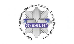 Logo akcji Pełnomocnika Komendanta Głównego Policji do spraw Ochrony Praw Człowieka Czy wiesz, że ? przedstawiająca odznakę policyjną na białym tle