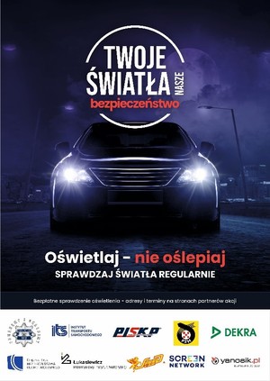 plakat wydarzenia twoje światła nasze bezpieczeństwo z grafiką oświetlonego samochodu oraz logami partnerów akcji