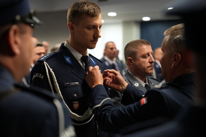 Zastępca Komendanta Komisariatu Policji w Jordanowie odbiera medal