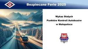 plakat z autobusem jadącym drogą na tle gór z napisem bezpieczne ferie 2025