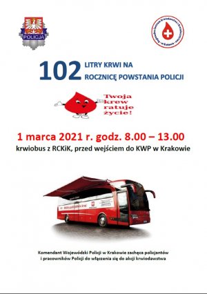 plakat akcji oddawania krwi przed komendą wojewódzką policji w Krakowie. Grafika z tekstem odczytywanym maszynowo w załącznikach.