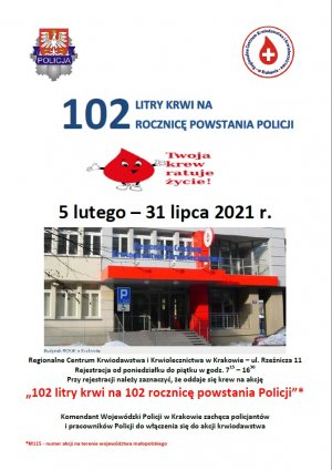 Plakat akcji oddawania krwi. Grafika z tekstem odczytywanym maszynowo w załącznikach.