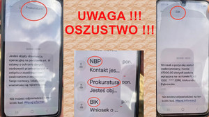 zdjęcie ze screenami rozmowy z oszustami i rozmowami sms