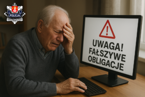 zmartwiony senior siedzący przed komputerem na którym widniej napis uwaga na fałszywe inwestycje