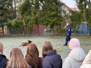 Pies służbowy leży na trawie a przed nim jego przewodnik