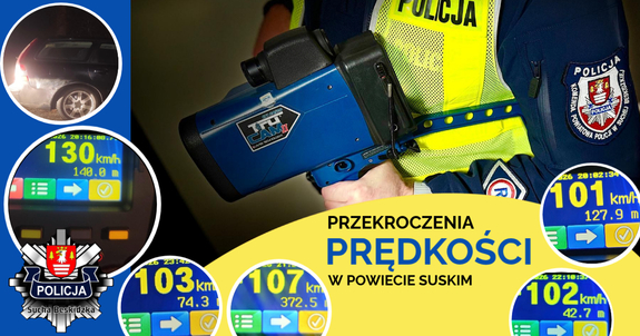 grafika przedstawiająca policjanta drogówki z laserowym miernikiem prędkości oraz miniatury wyników prędkości mierników laserowych oraz miniatura tyłu samochodu volvo