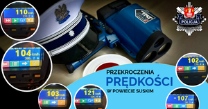 miernik prędkości wraz z czapką oficera ruchu drogowego a obok sześć zdjęć z zarejestrowanymi wynikami kontroli drogowej
