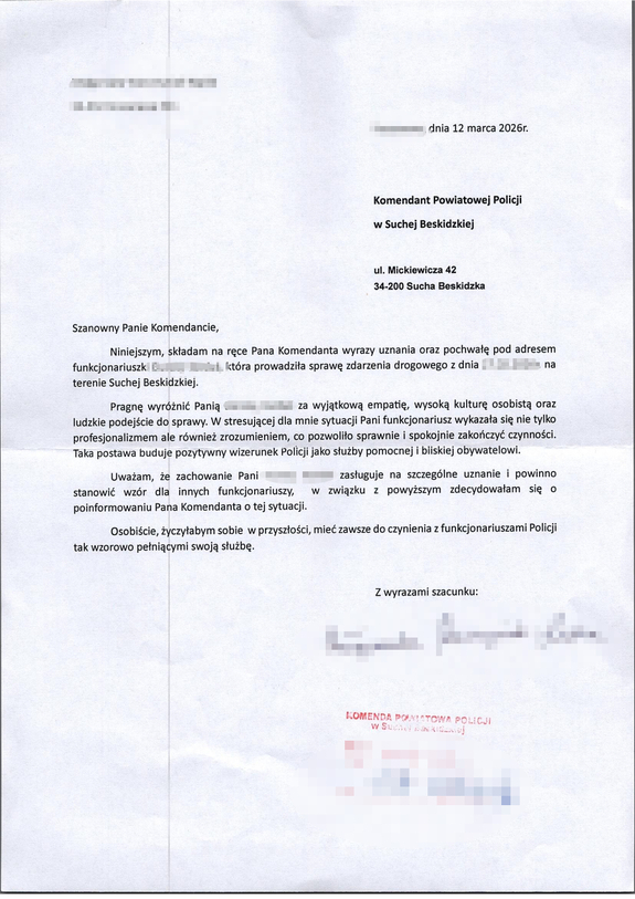 treść podziękowań dla policjantki od obywatelki