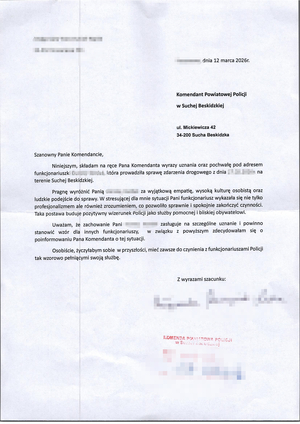 treść podziękowań dla policjantki od obywatelki