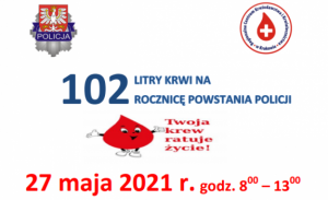 plakat akcji oddawania krwi przed komendą wojewódzką policji w Krakowie.
