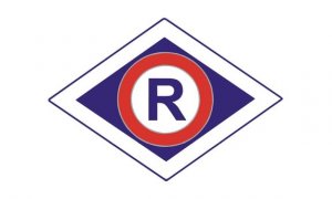 litera R w rombie z czerwonym kołem