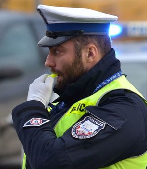 policjant ruchu drogowego ubrany w biała czapkę trzymający żółty gwizdek przy twarzy