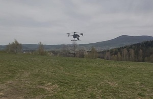 unoszący się nad zieloną łąką dron