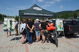stoisko babiogórskiego parku narodowego przed którym stoi rodzina słuchająca informacji na temat bezpieczeństwa w parkach