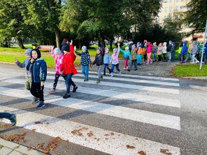 dzieci wznoszące rękę do góry przechodzą na drugą stronę ulicy na przejściu dla pieszych z panią nauczyciel