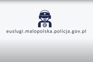grafika przedstawiająca niebieską postać policjanta z mikrofonem a pod nią napis euslugi.malopolska.policja.gov.pl