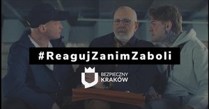 grafika przedstawiająca trzech mężczyzn rozmawiających i napis reagujzanim zaboli bezpieczny kraków