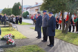 stojący w szeregu komendanci przed pomnikiem po złożeniu kwiatów