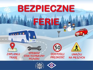 grafika przedstawiająca autobus znaki drogowe i napis bezpieczne ferie 2022