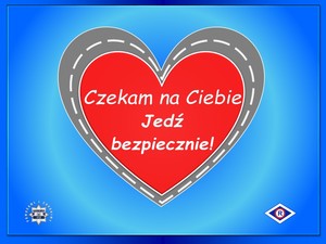 czerwone serce otoczone pasami drogowymi na niebieskim tle z napisem czekam na ciebie jedź ostrożnie