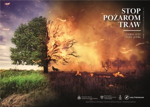 grafika przedstawiająca w połowie zielony las, a w drugiej części objęty pożarem, napis Stop pożarom traw