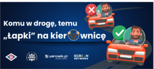 grafika przedstawiająca dwa czerwone samochody którego jeden kierowca trzyma ręce na kierownicy a drugi nie oraz napis komu w drogę temu łapki na kierownicę