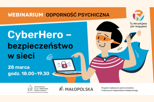 plakat webinarium odporność psychiczna na której widniej chłopak z płaczem bohatera i przed nim laptop z kłódką