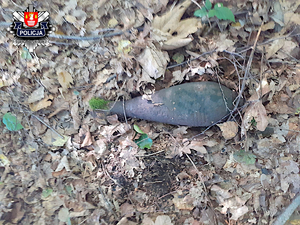 granat moździerzowy leżący na ziemi wśród wyschniętych gałązek i liści