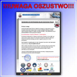 grafika przedstawiająca fikcyjne wezwanie do centralnego biura śledczego policji i napis oszustwo