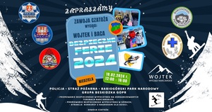 plakat wydarzenia bezpieczne ferie na którym podany jest termin oraz loga służb biorących udział w wydarzeniu oraz zdjęcia mundurowych , dzieci z maskotką suskich policjantów